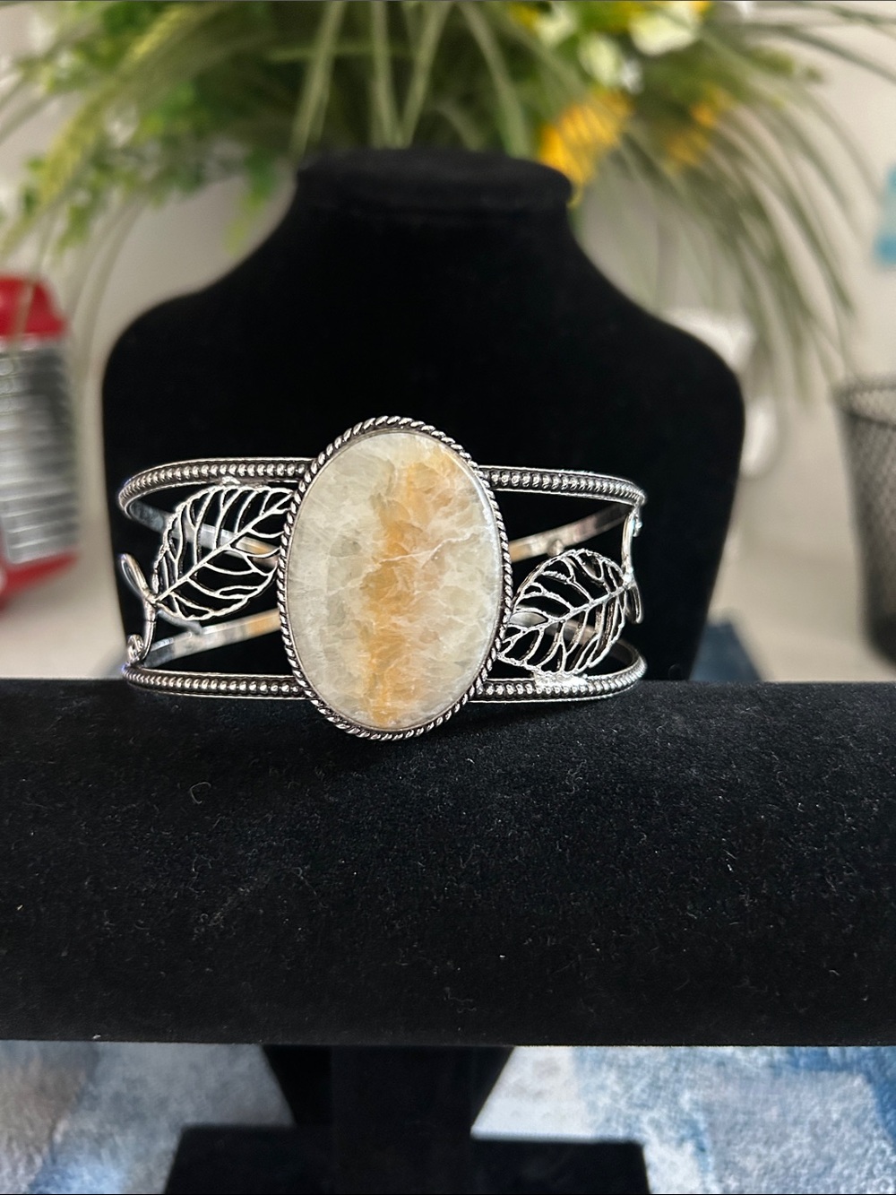 Sterling Silver Agate Chalcedony Gemstone Cuff Bracelet - Adjustable